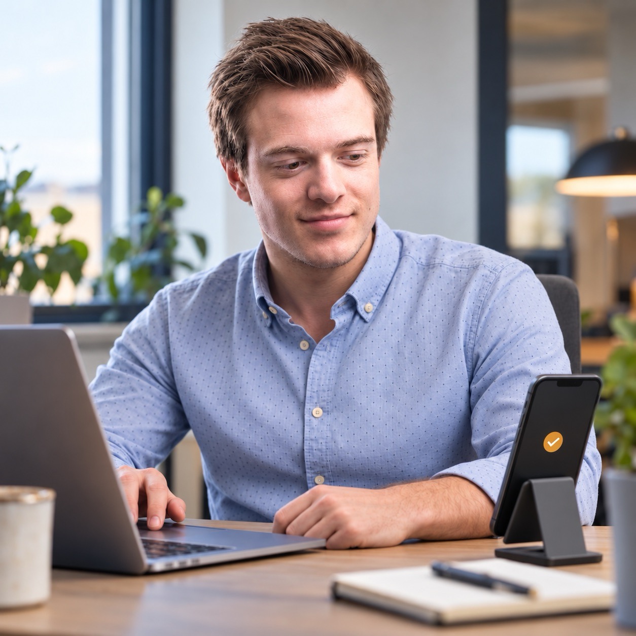 Colleague at a laptop with a phone showing a check mark