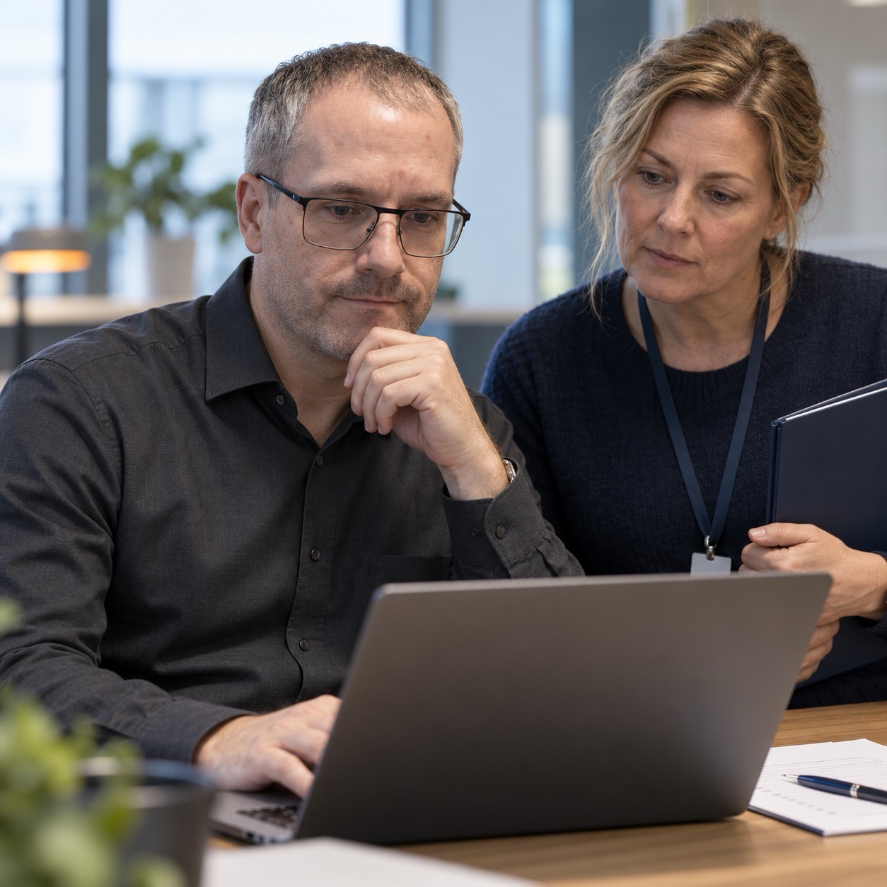 Two colleagues reviewing access at a laptop